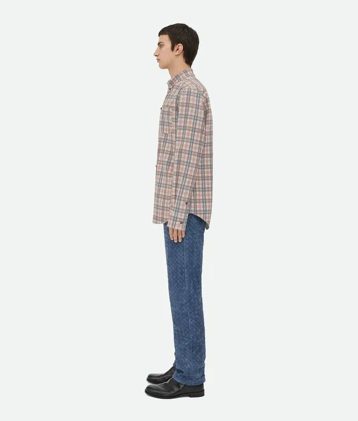 Men Bottega Veneta Leather Printed Leather Checked Shirt Birchfondantred