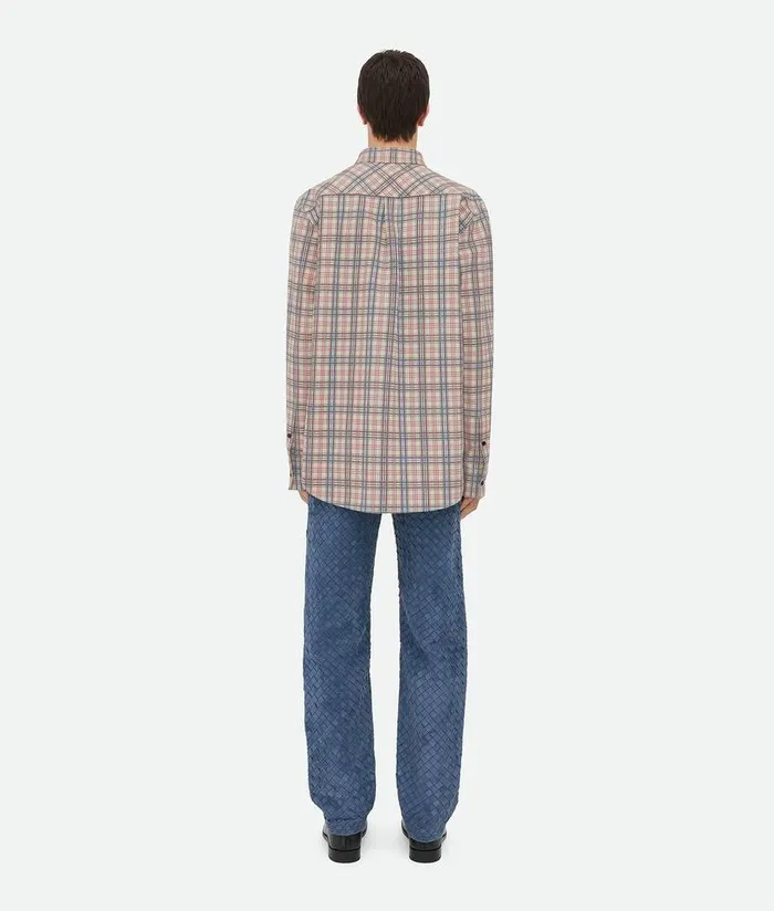 Men Bottega Veneta Leather Printed Leather Checked Shirt Birchfondantred