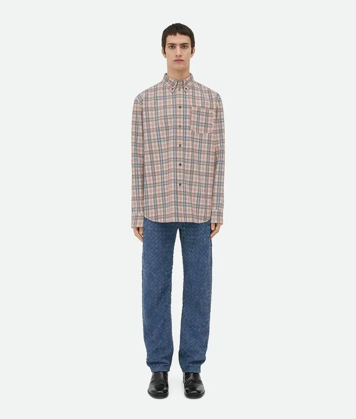 Men Bottega Veneta Leather Printed Leather Checked Shirt Birchfondantred
