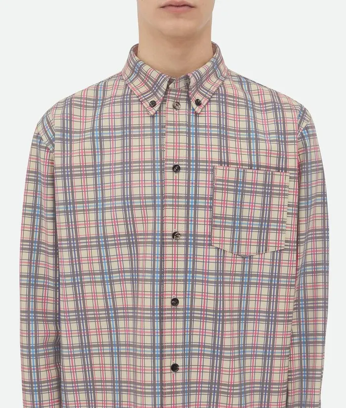 Men Bottega Veneta Leather Printed Leather Checked Shirt Birchfondantred