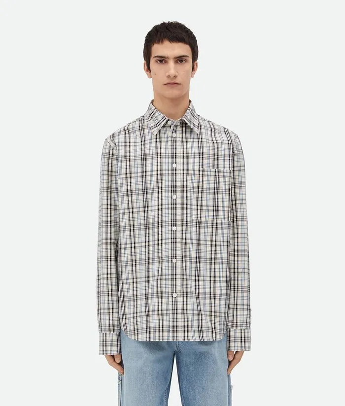 Men Bottega Veneta Shirts Checked Cotton Shirt Chalkfondantyellow