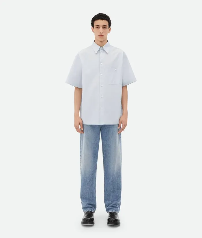 Men Bottega Veneta Shirts ShortSleeved Cotton Canvas Shirt Morning Mist