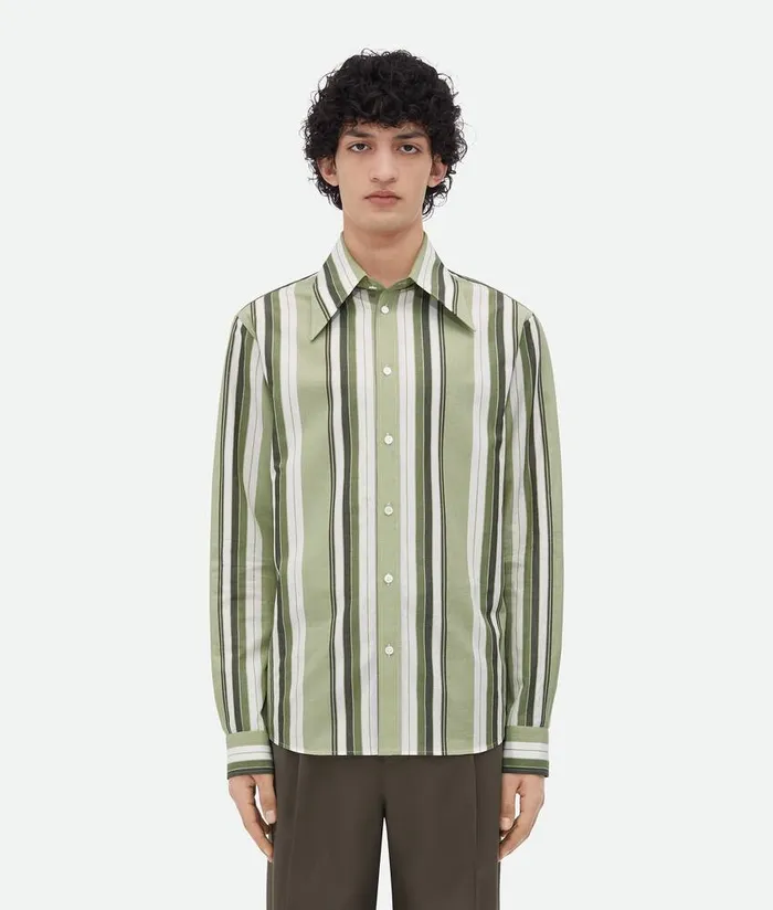 Men Bottega Veneta Shirts Striped Cotton Shirt Pale Greenwhite