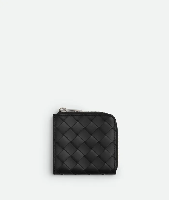 Men Bottega Veneta Small Wallets Intrecciato Square Zip Around Wallet Black