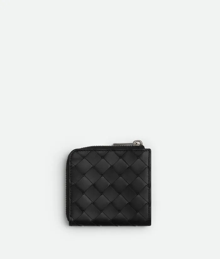 Men Bottega Veneta Small Wallets Intrecciato Square Zip Around Wallet Black