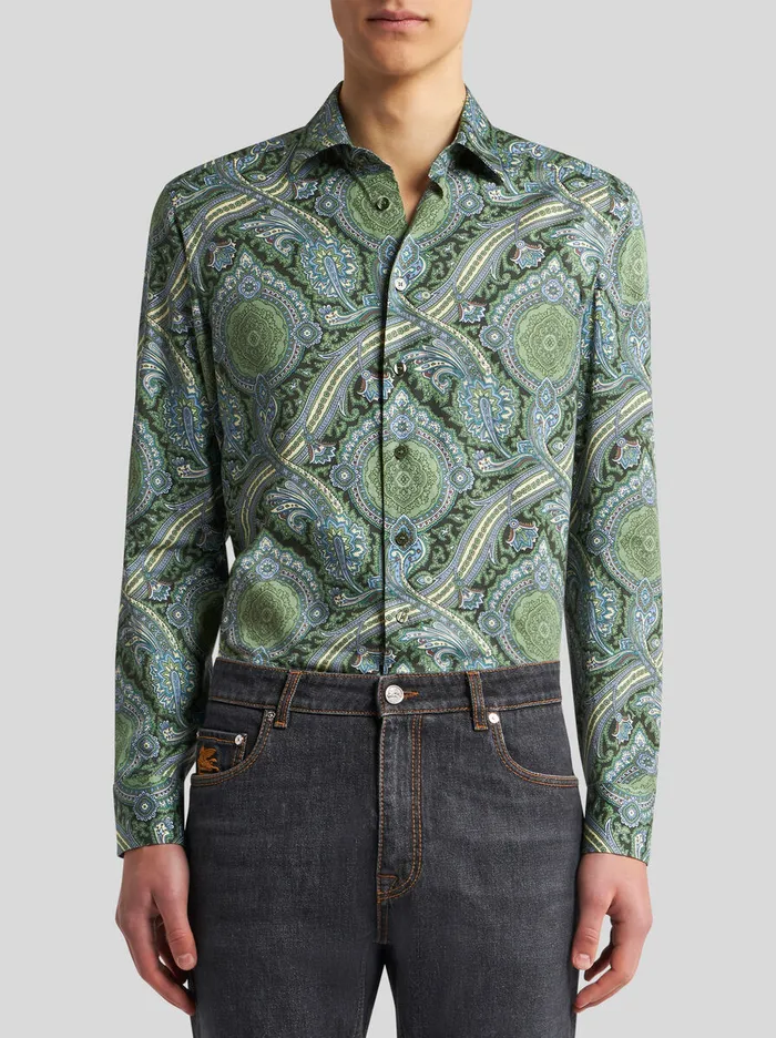 Men Etro Shirts Printed Cotton Shirt Green Men Etro Shirts Printed Cotton Shirt Green