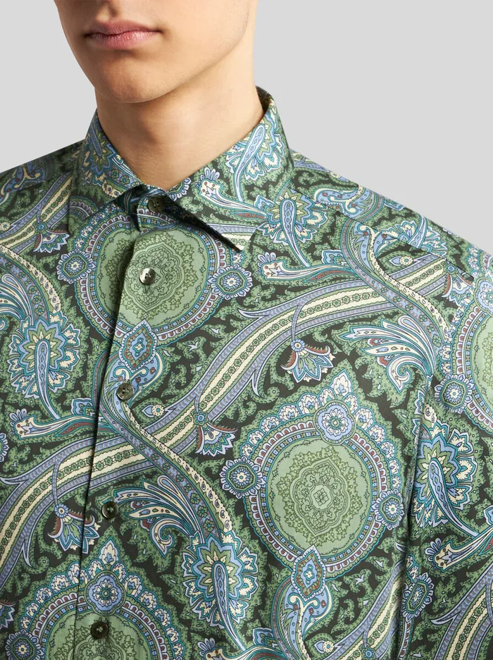 Men Etro Shirts Printed Cotton Shirt Green Men Etro Shirts Printed Cotton Shirt Green