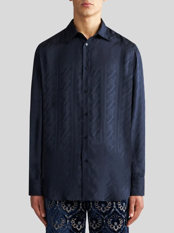 Men Etro Shirts Silk Jacquard Shirt Navy Blue Men Etro Shirts Silk Jacquard Shirt Navy Blue