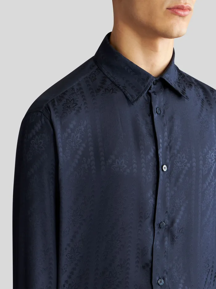 Men Etro Shirts Silk Jacquard Shirt Navy Blue Men Etro Shirts Silk Jacquard Shirt Navy Blue