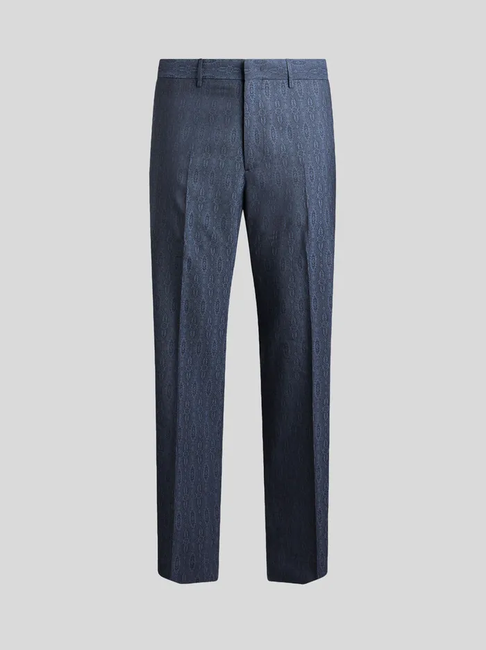 Men Etro Trousers Wool Jacquard Trousers Navy Blue