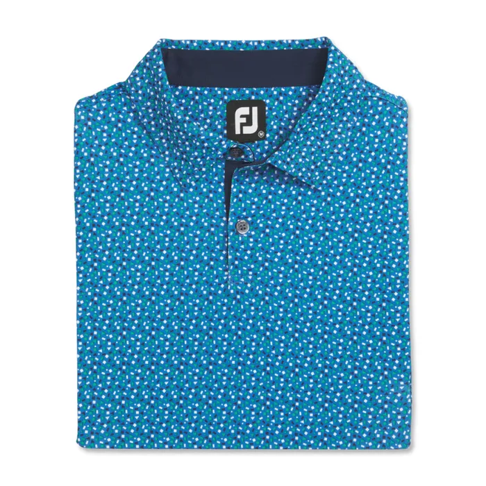 Men FootJoy Shirts Geometry Pique Blue Emerald Navy White