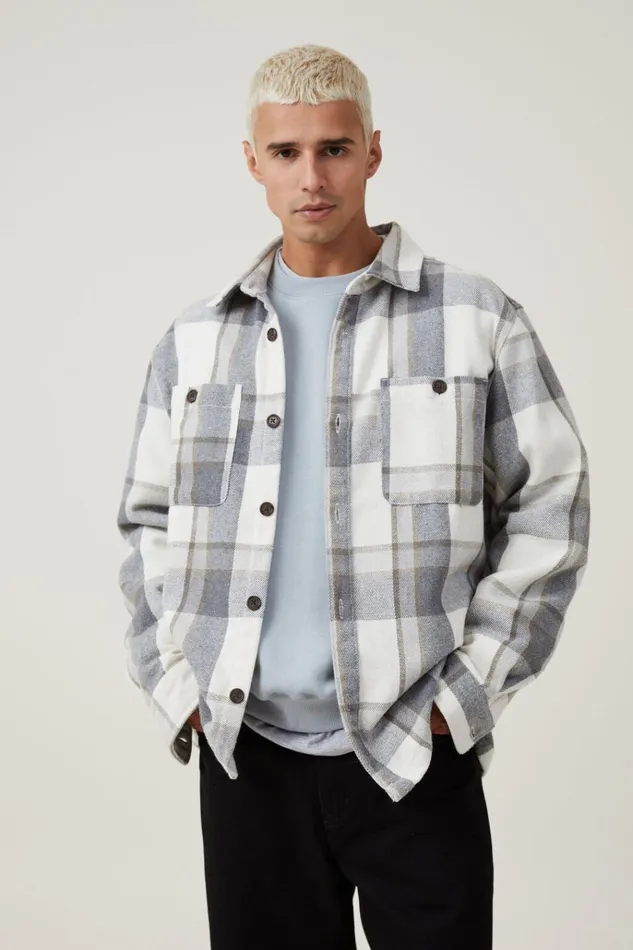 Men Shirts and Polos Cotton On Heavy Overshirt Off White Check