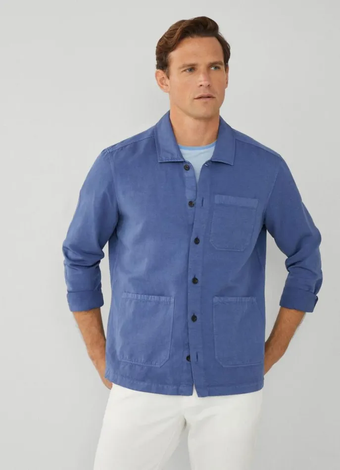 Men Shirts Hackett London Front Pockets Overshirt Mid Blue