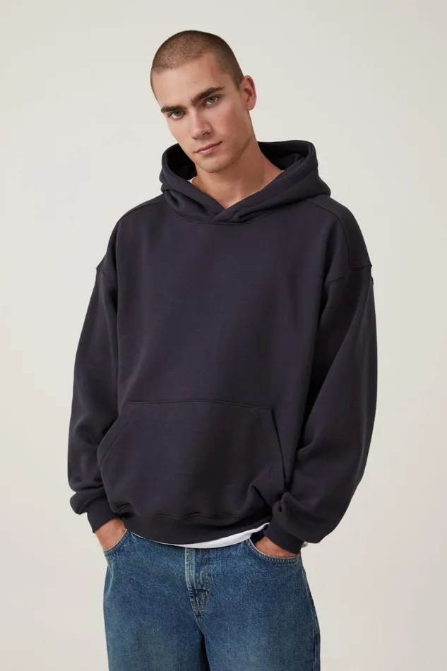 Men Sweats and Hoodies Cotton On Box Fit Hoodie Washed Black