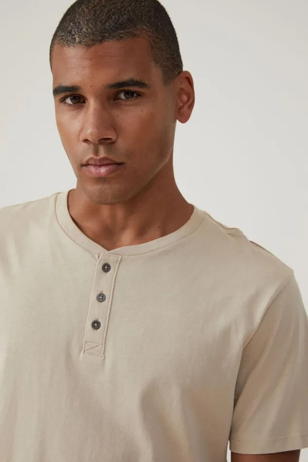 Men Tees and Tanks Cotton On Organic Henley TShirt Stone Clay