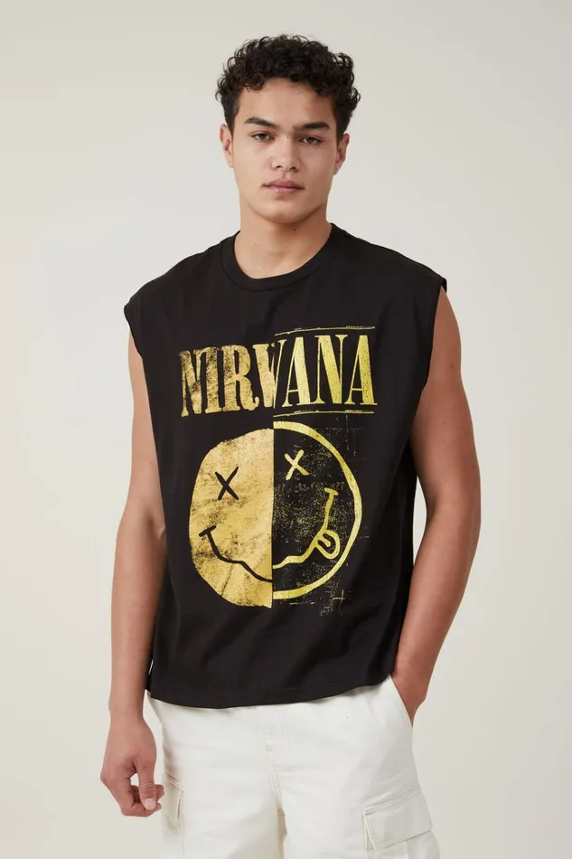 Men Tees and Tanks Cotton On Oversized License Muscle Lcn Mt Black Nirvana 8211 Smiley Half Men Tees and Tanks Cotton On Oversized License Muscle Lcn Mt Black Nirvana 8211 Smiley Half