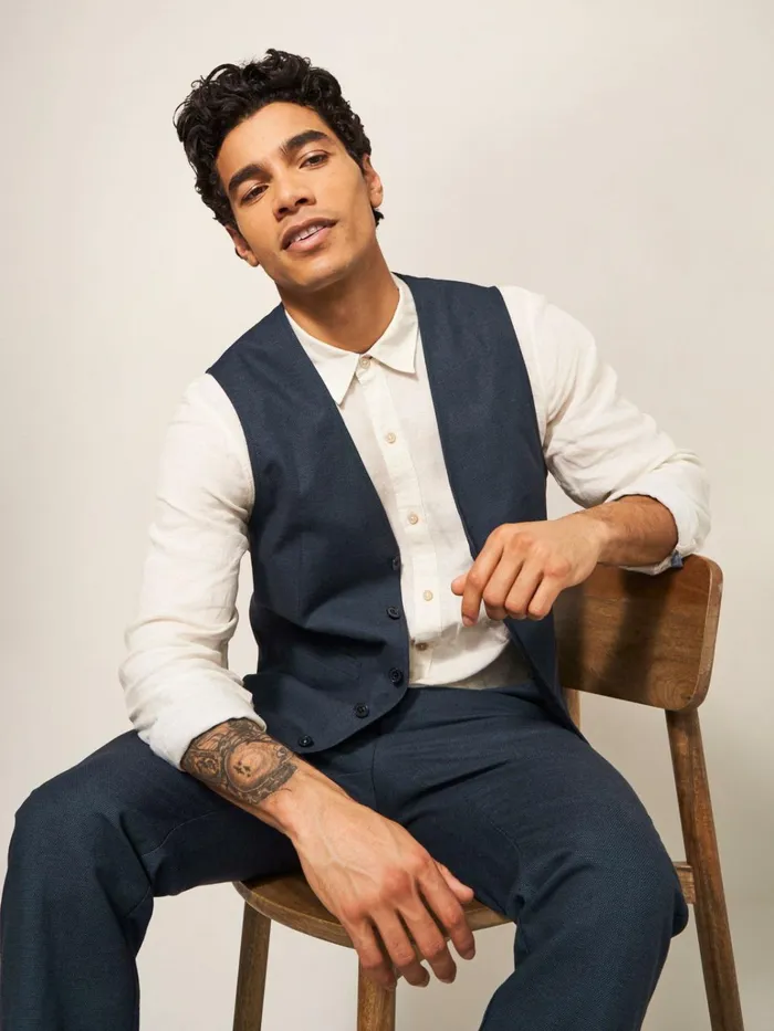 Men White Stuff Blazers Abbot Linen Regular Fit Waistcoat French Navy