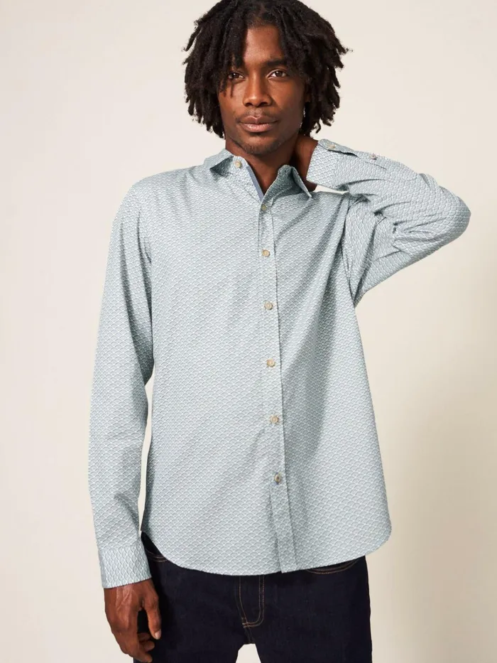 Men White Stuff Shirts Fan Geometric Printed Shirt Light Natural