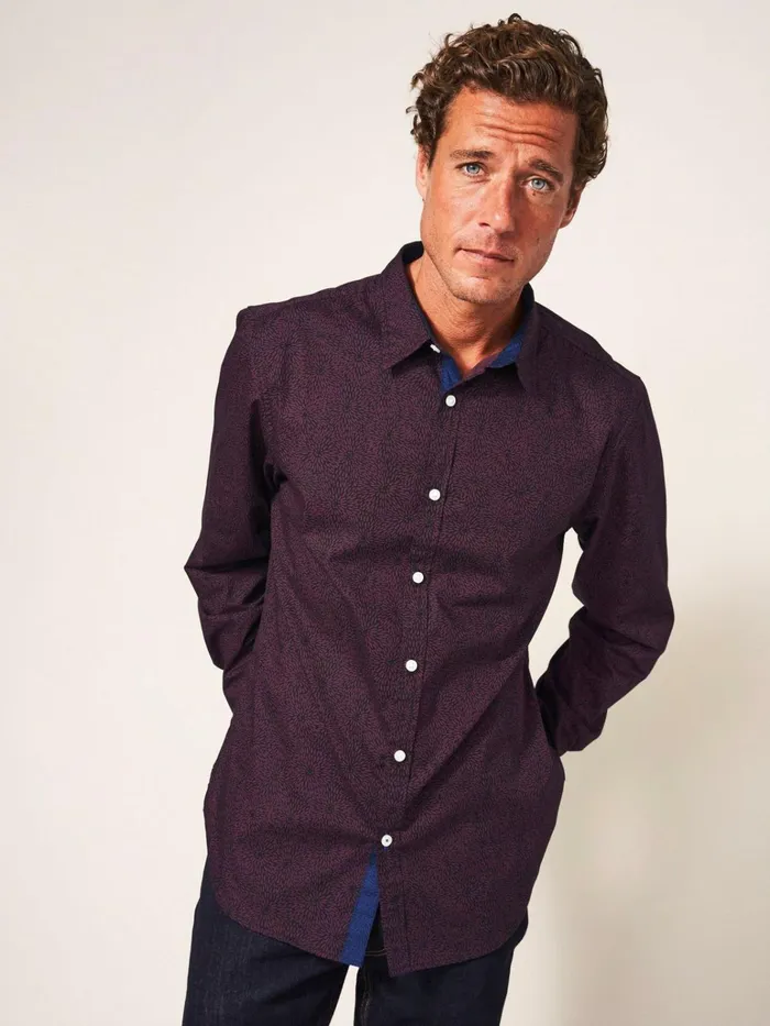 Men White Stuff Shirts Party Floral Printed Shirt Mid Plum
