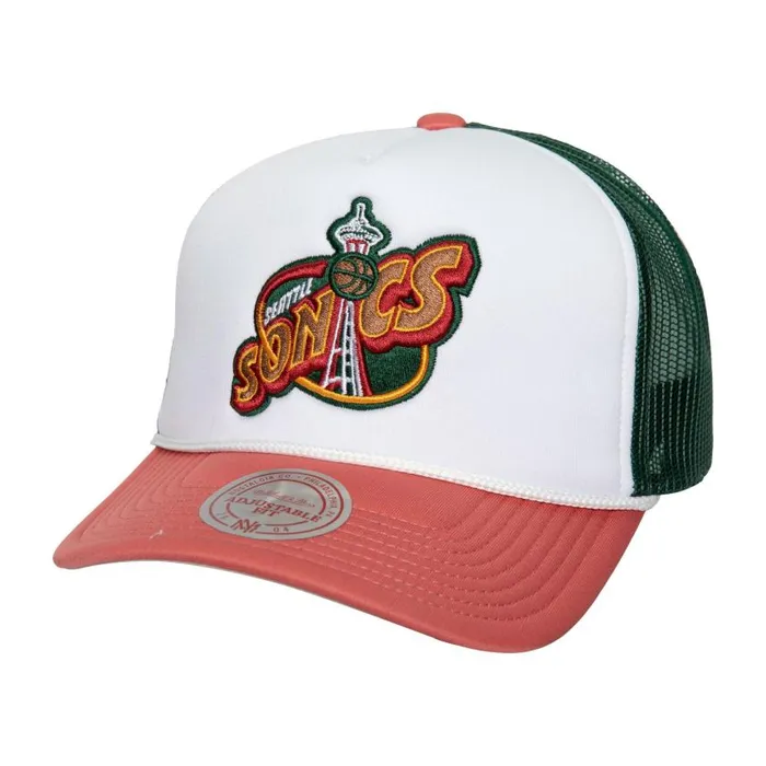 Mitchell and Ness Blocker Trucker HWC Seattle Supersonics Men Hats and Headwear Mitchell and Ness Blocker Trucker HWC Seattle Supersonics Men Hats and Headwear