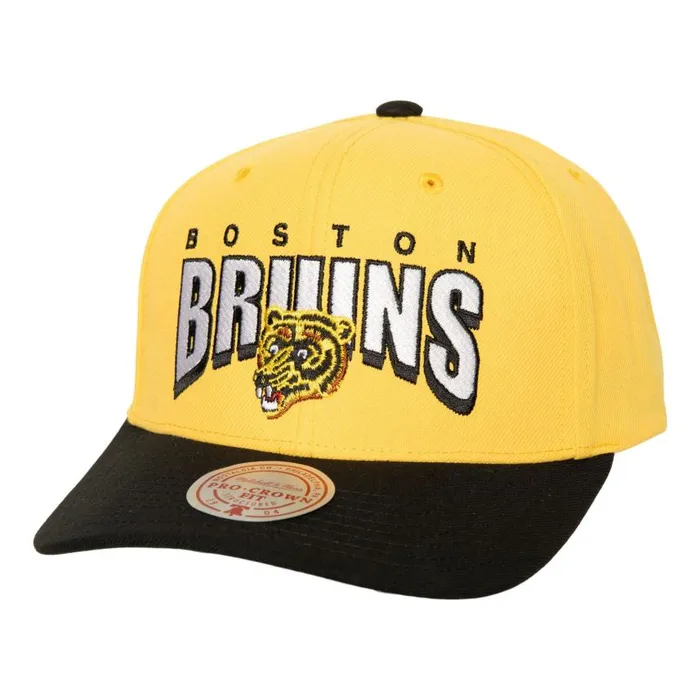 Mitchell and Ness Boom Text Pro Snapback Vntg Boston Bruins Men Hats and Headwear Mitchell and Ness Boom Text Pro Snapback Vntg Boston Bruins Men Hats and Headwear