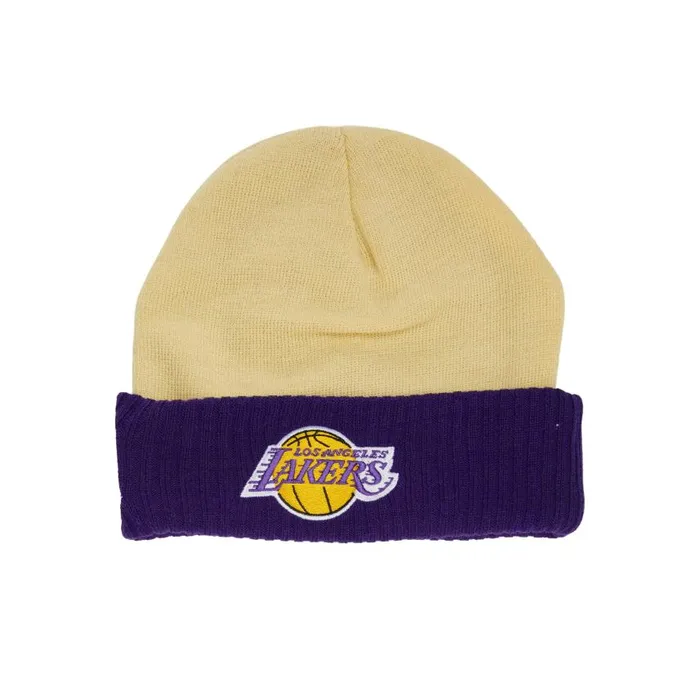 Mitchell and Ness Cream Side Patch Knit HWC Los Angeles Lakers Men Hats and Headwear Mitchell and Ness Cream Side Patch Knit HWC Los Angeles Lakers Men Hats and Headwear