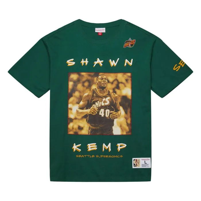 Mitchell and Ness Heavyweight Premium Player Tee Vintage Logo Seattle Supersonics Shawn Kemp Men TShirts and Tops Mitchell and Ness Heavyweight Premium Player Tee Vintage Logo Seattle Supersonics Shawn Kemp Men TShirts and Tops