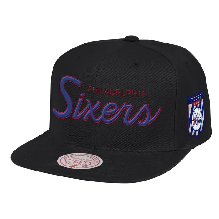 Mitchell and Ness Pink Under Script Snapback HWC Philadelphia 76ers Men Hats and Headwear Mitchell and Ness Pink Under Script Snapback HWC Philadelphia 76ers Men Hats and Headwear