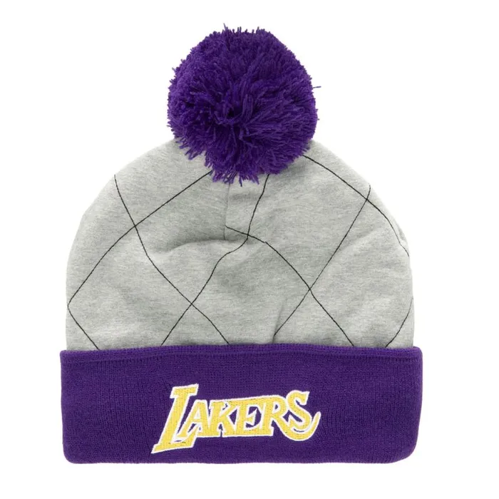 Mitchell and Ness Quilted Pom Beanie HWC Los Angeles Lakers Men Hats and Headwear Mitchell and Ness Quilted Pom Beanie HWC Los Angeles Lakers Men Hats and Headwear