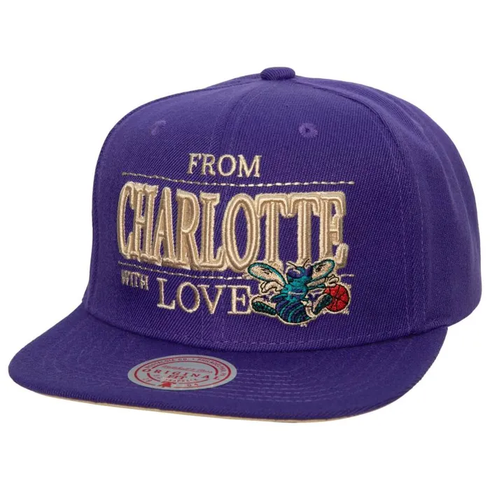 Mitchell and Ness With Love Snapback HWC Charlotte Hornets Men Hats and Headwear Mitchell and Ness With Love Snapback HWC Charlotte Hornets Men Hats and Headwear