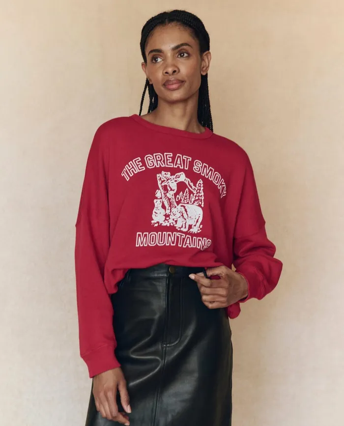 Novelty Tees and Sweats Women The Great The Teammate Sweatshirt Graphic Cherry With Great Smoky Mountains