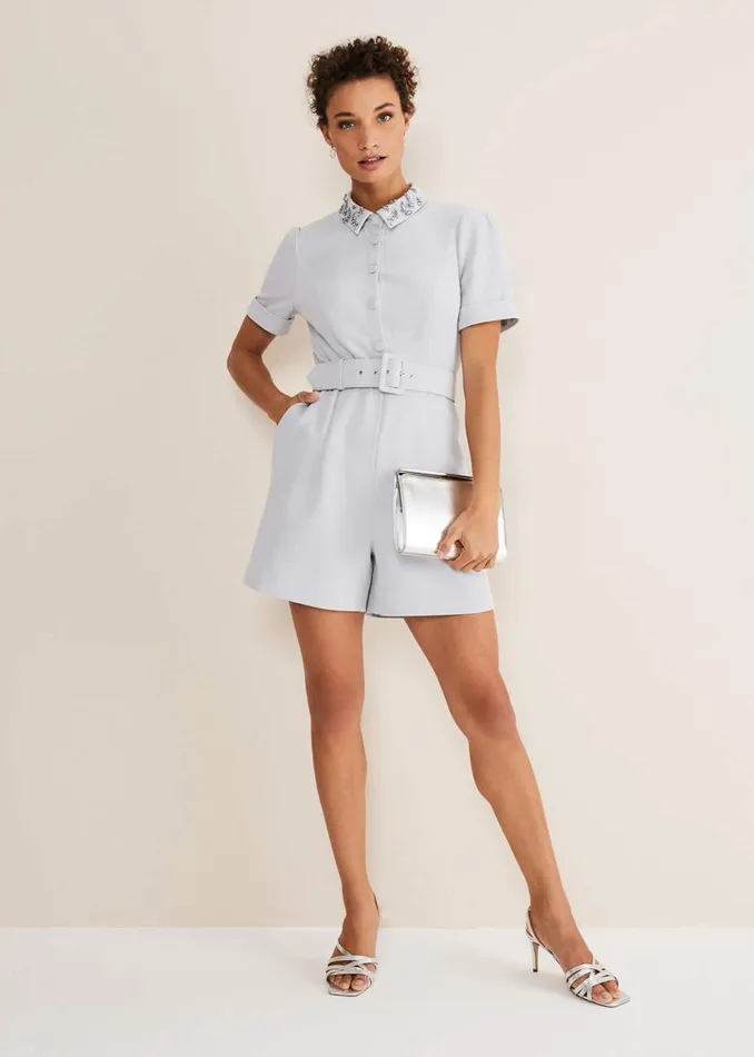 Phase Eight Dresses Etta Embelished Collar Playsuit Pale Blue 8211 Women