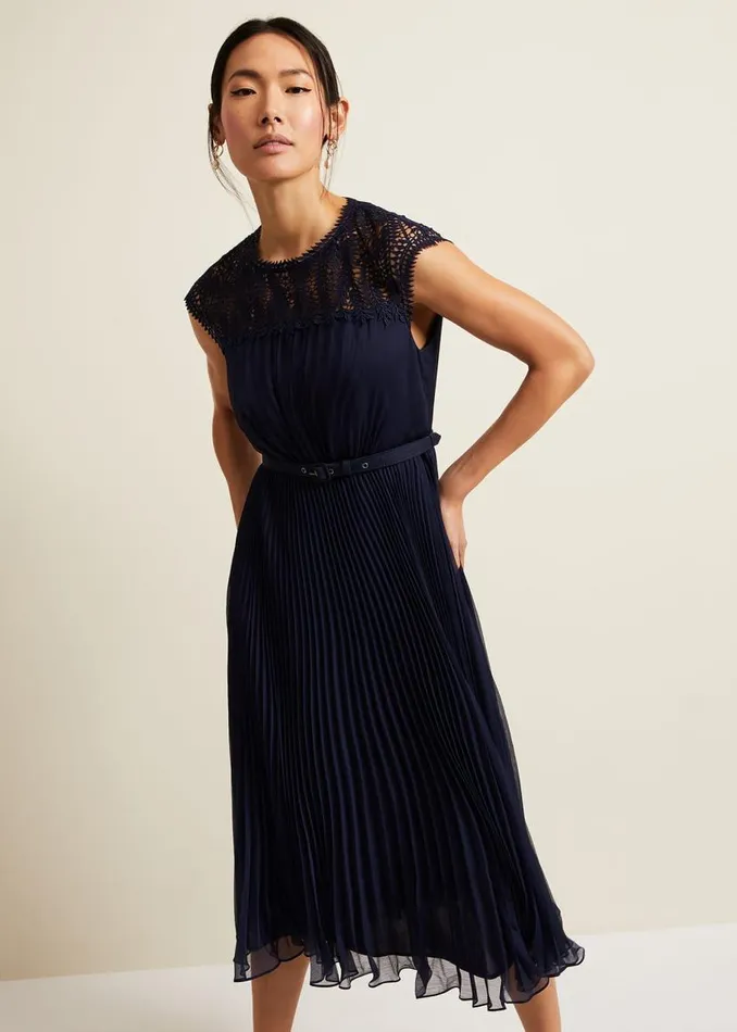 Phase Eight Dresses Makaela Pleat Embroidered Dress Navy 8211 Women