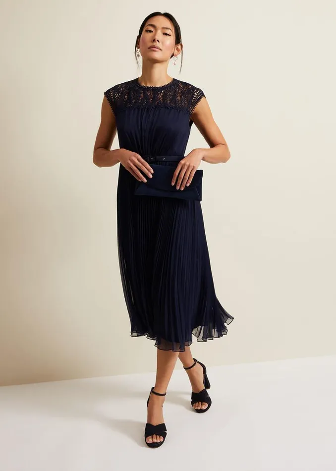 Phase Eight Dresses Makaela Pleat Embroidered Dress Navy 8211 Women