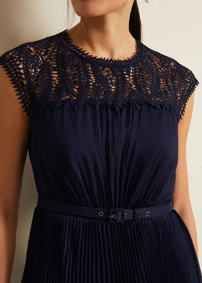 Phase Eight Dresses Makaela Pleat Embroidered Dress Navy 8211 Women