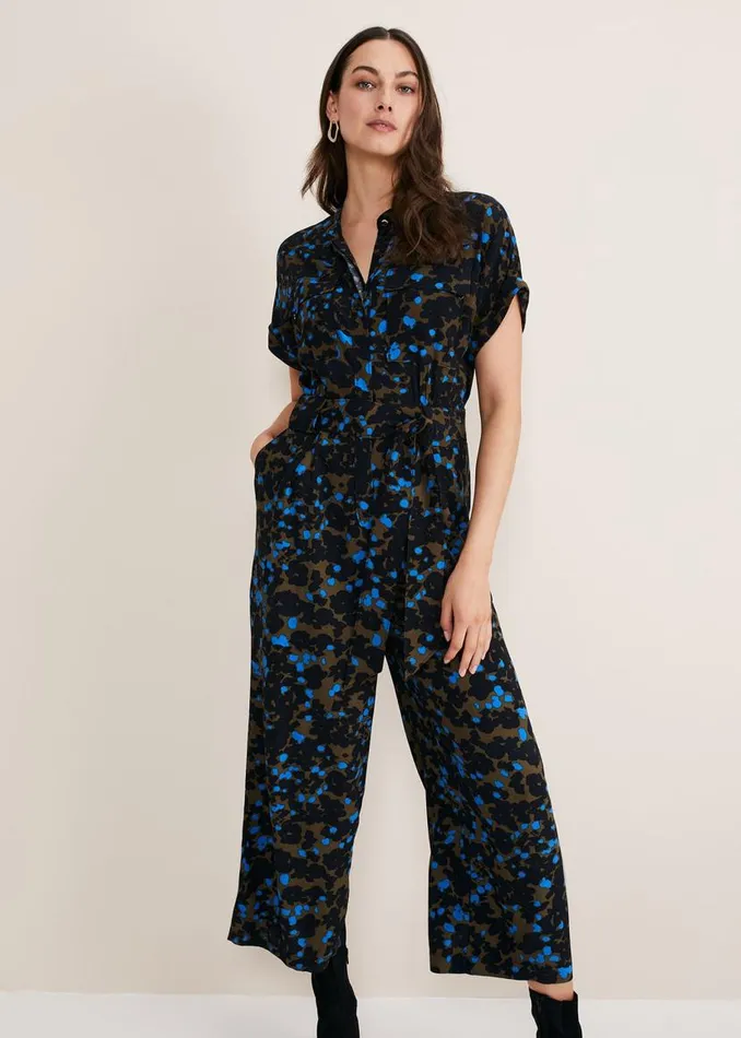 Phase Eight Dresses Nell Floral Wide Leg Jumpsuit Khakiblue 8211 Women