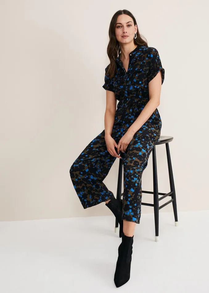 Phase Eight Dresses Nell Floral Wide Leg Jumpsuit Khakiblue 8211 Women