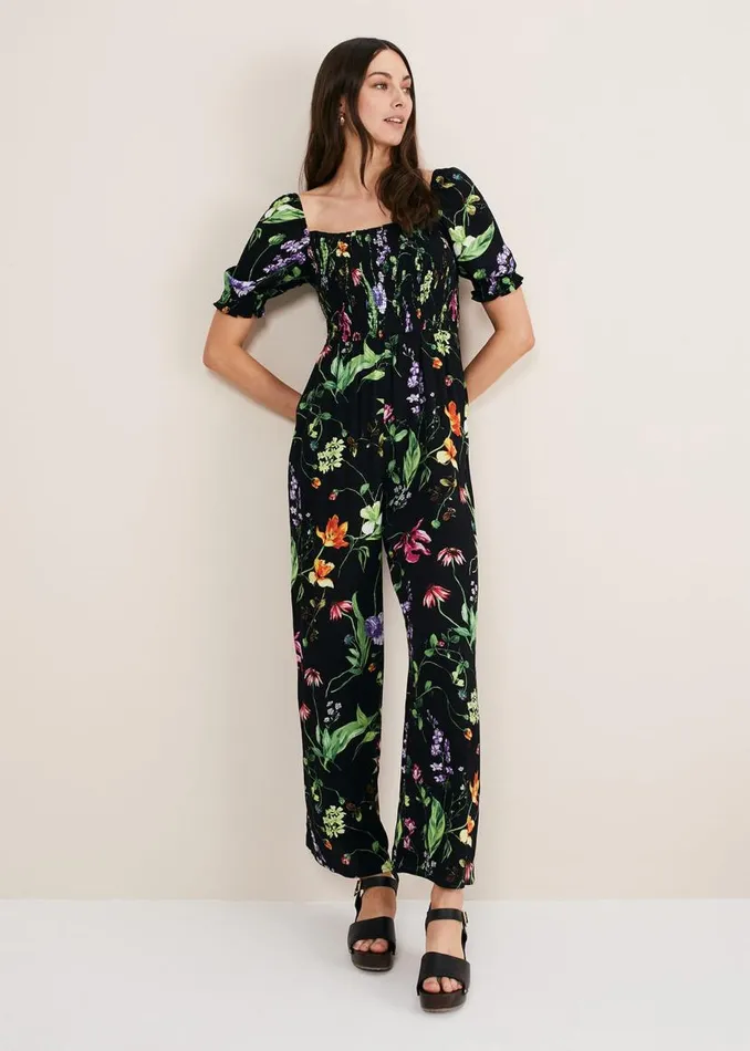 Phase Eight Dresses Zaylah Floral Shirred Waist Jumpsuit Black 8211 Women
