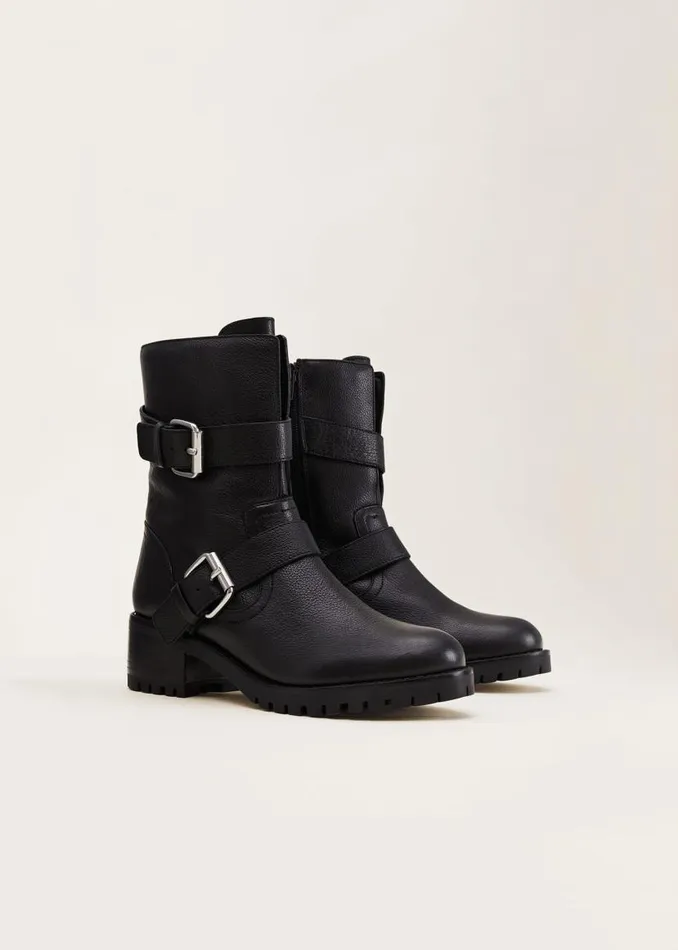 Phase Eight Heels Alaska Black Leather Biker Boots Black 8211 Women