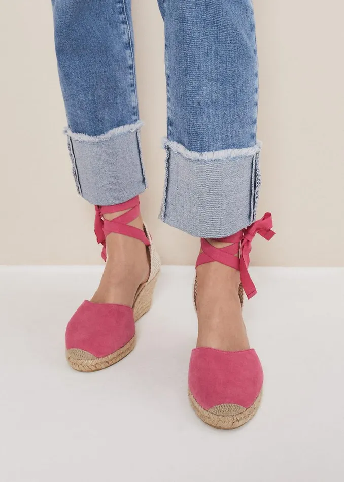 Phase Eight Heels Suede Ankle Tie Espadrille Shoes Bright Pink 8211 Women