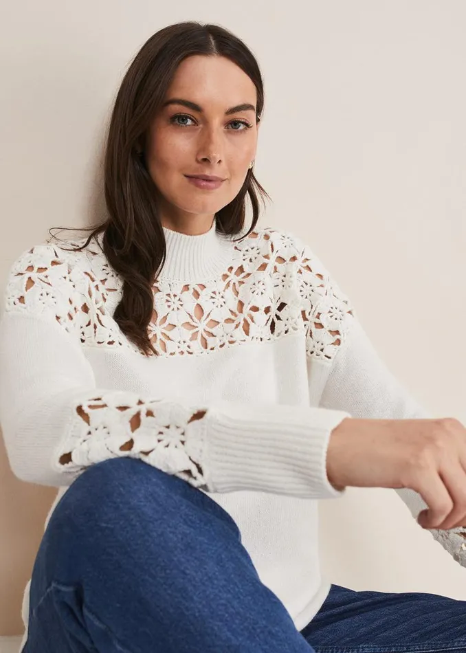 Phase Eight Knitwear Adley Crochet Knit Winter White 8211 Women