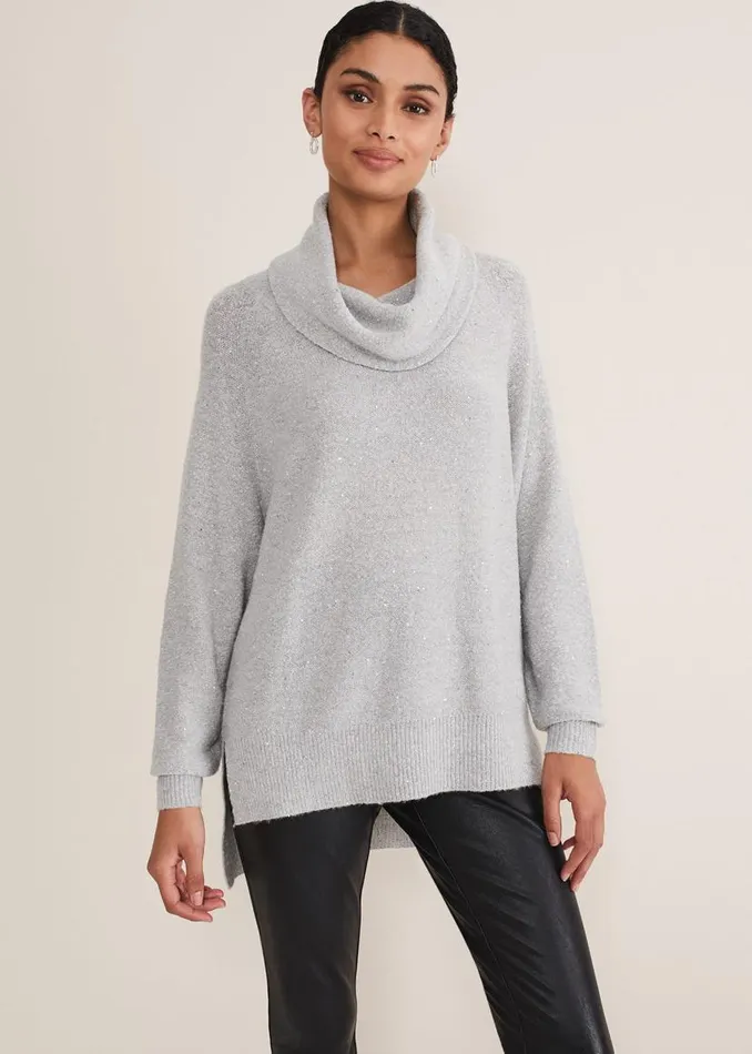 Phase Eight Knitwear Bronte Cowl Neck Sequin Jumper Silver 8211 Women