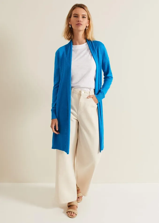 Phase Eight Knitwear Louise Linen Longline Cardigan Blue 8211 Women