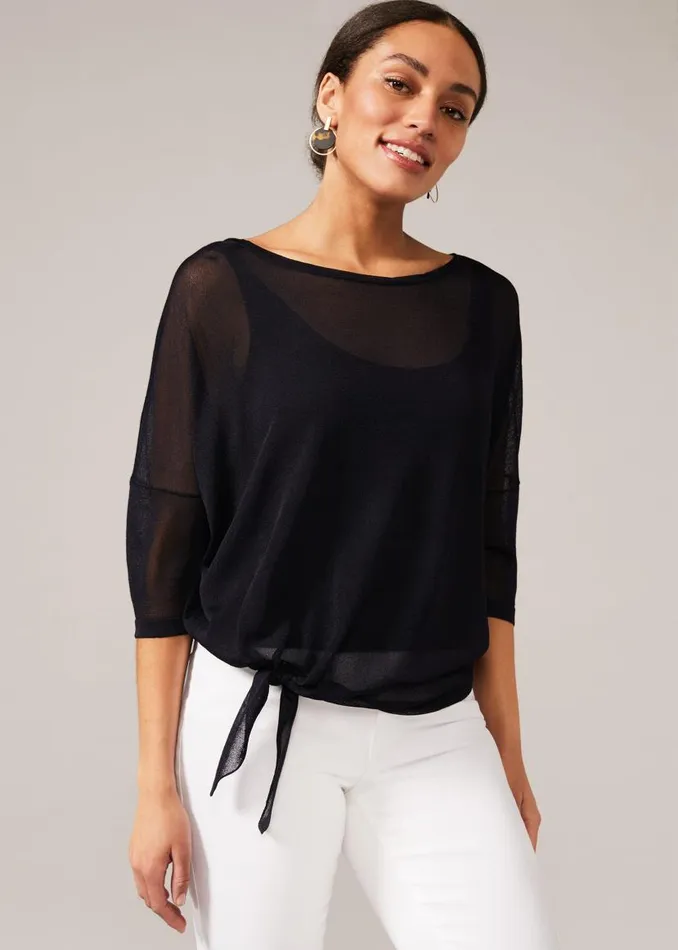 Phase Eight Knitwear Nat Side Tie Sheer Knit Top Navy 8211 Women