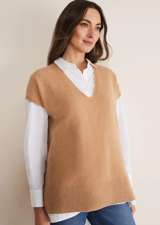 Phase Eight Knitwear Safin V Neck Wool Blend Knitted Tabbard Camel 8211 Women