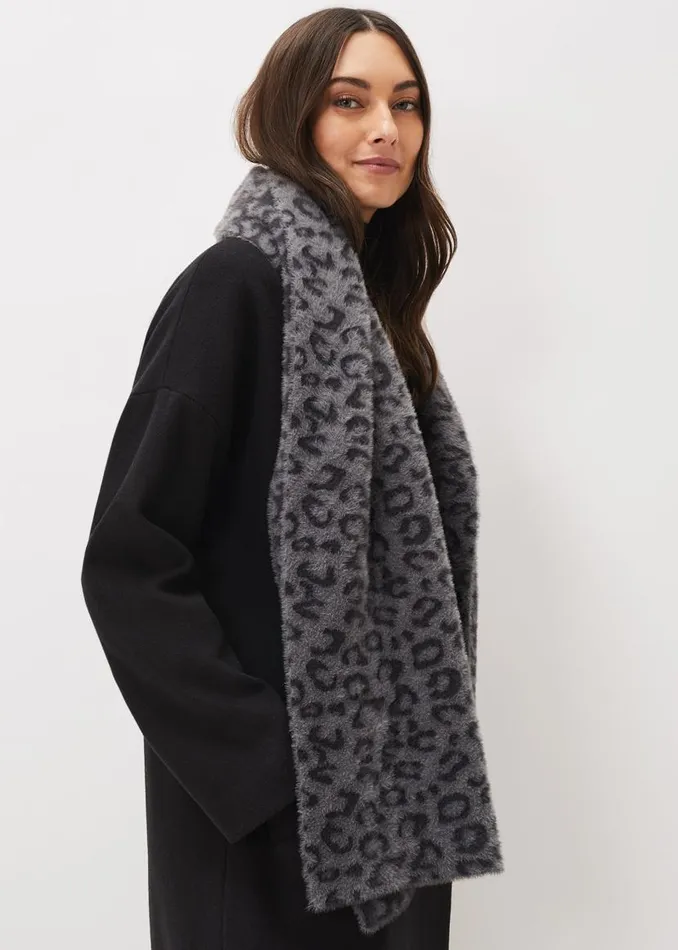Phase Eight Scarves Fiona Leopard Print Fluffy Scarf Charcoal 8211 Women
