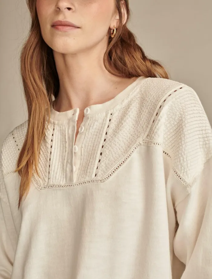 Pintuck Henley Sweatshirt Gardenia Women Lucky Brand Sweaters and Sweatshirts