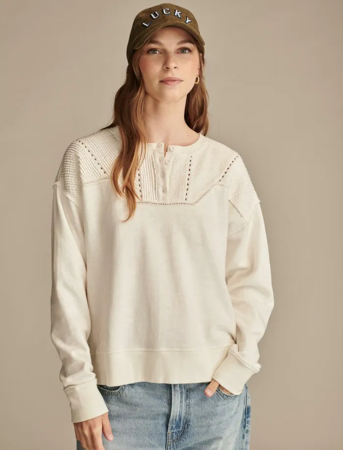 Pintuck Henley Sweatshirt Gardenia Women Lucky Brand Sweaters and Sweatshirts
