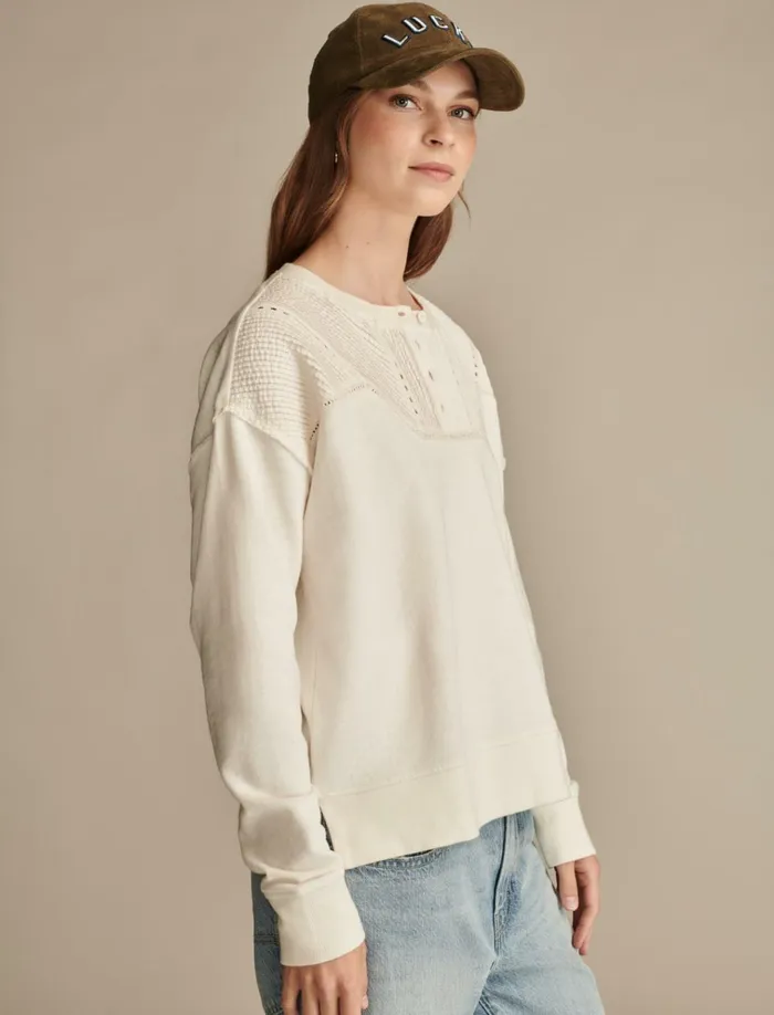 Pintuck Henley Sweatshirt Gardenia Women Lucky Brand Sweaters and Sweatshirts