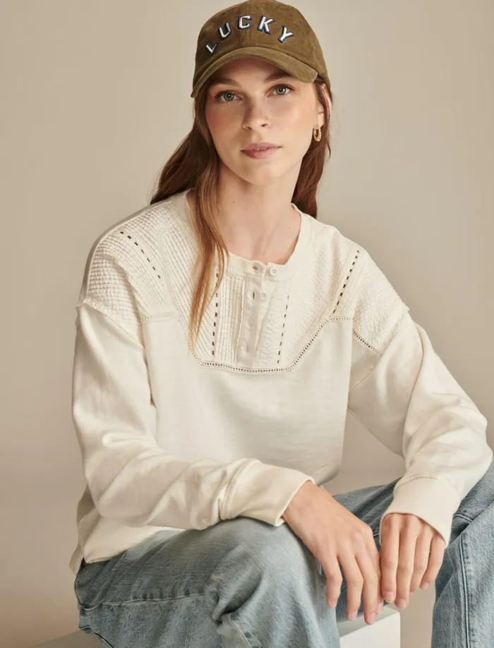 Pintuck Henley Sweatshirt Gardenia Women Lucky Brand Sweaters and Sweatshirts